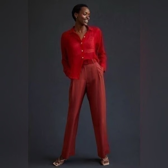 Anthropologie Tiny Wide-Leg Trousers Red Orange Pleated High Rise Pants Size 6 - Picture 1 of 6